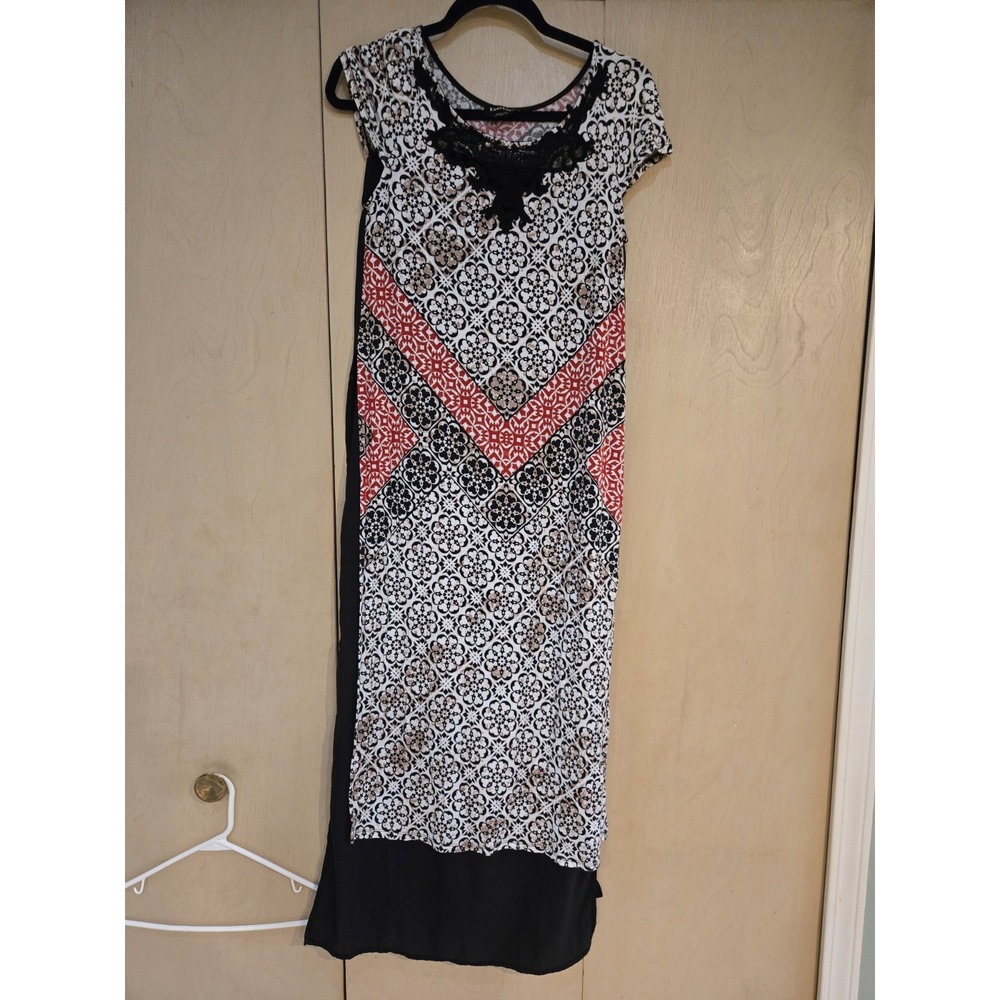 bebe Maxi Dress Womens S Petite Black Red Geometric Floral Crochet Neck Stretch
